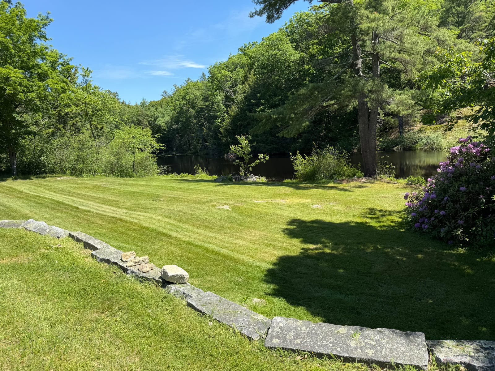 A freshly mowed, striped green lawn beside a wooded pond, maintained by S.K. Lawn Care