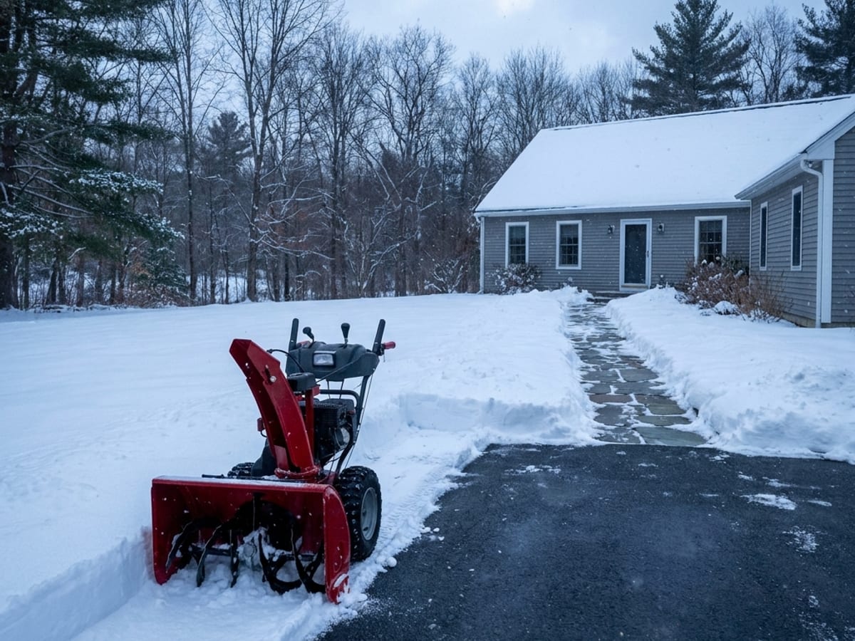 A driveway and walkway cleared of snow with a snow blower beside a home in winter