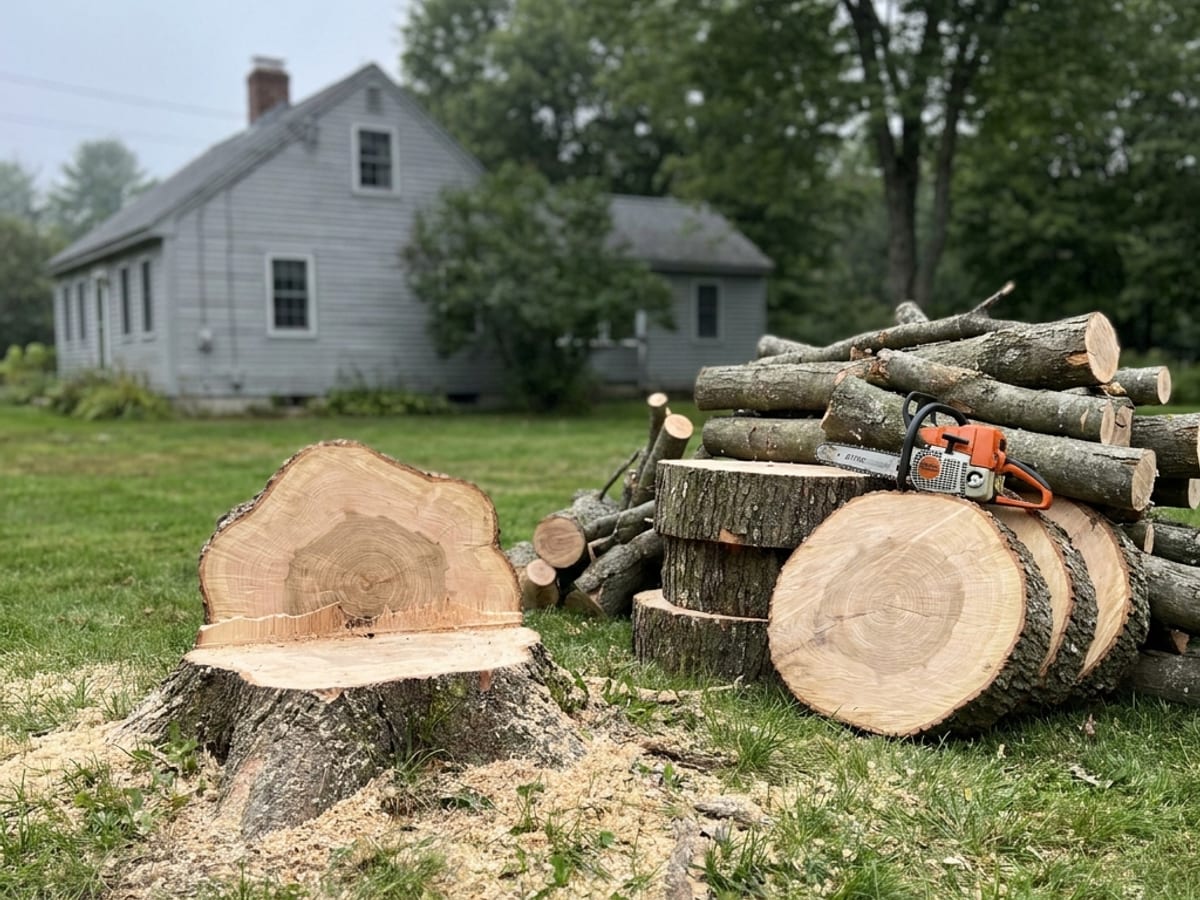 A tree removed and cut into log rounds, with a chainsaw resting on the pile